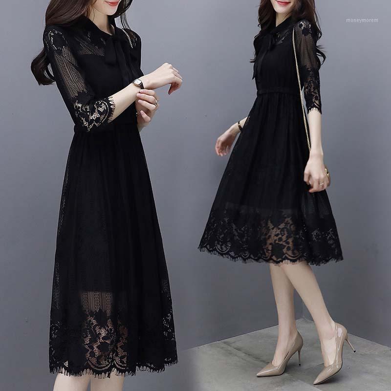 

2020 Summer Women Lace Dress Black Sexy Beach Dresses Fashion Casual Elastic Waist Midi Dress Elegant Party Vestidos R4011