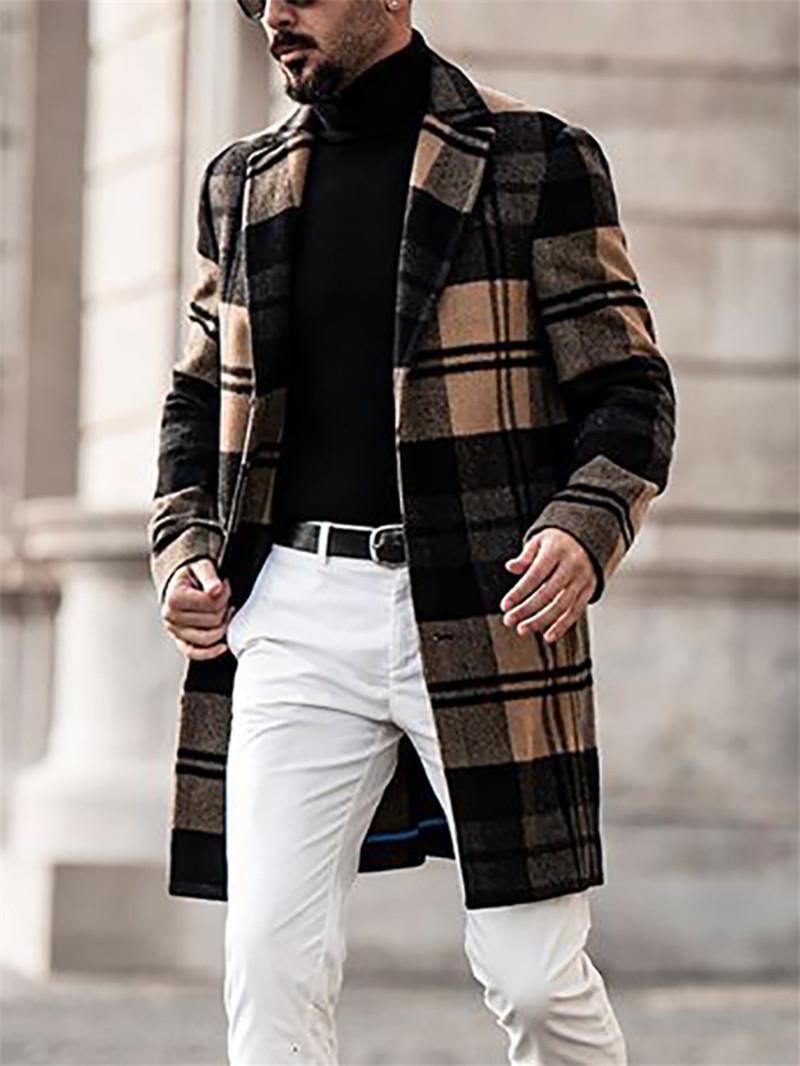 

Winter Men Coats Woolen Plaid Long Sleeve Jackets Fleece Men Overcoats Streetwear Fashion Long Trench Outerwear 2020, Clear