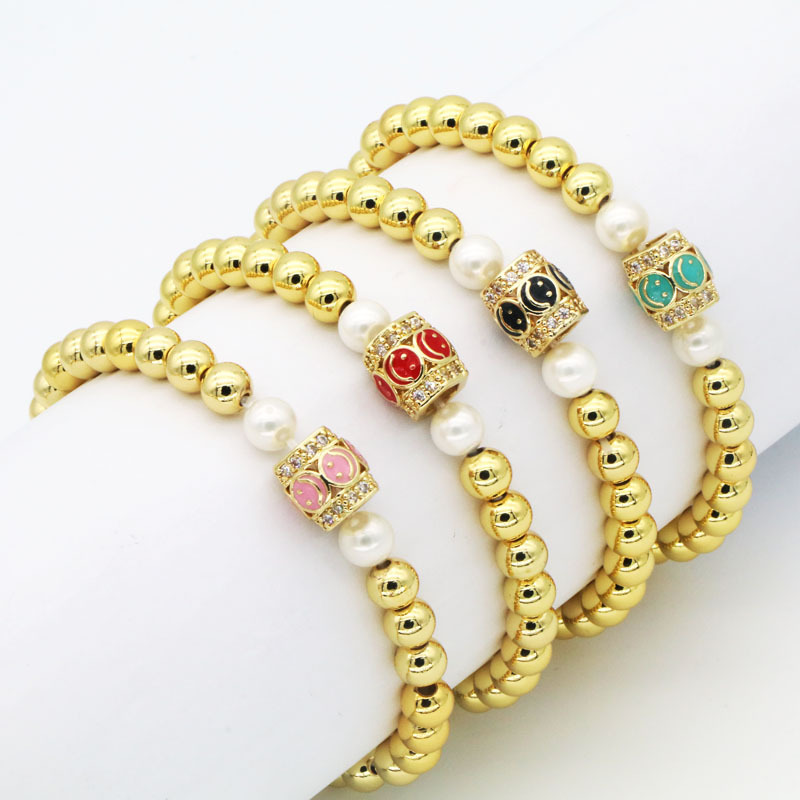 

Bohemian Style Gold Plated Copper Beads Strands Enameled Smile Evil Eye Charm Bracelet for Women