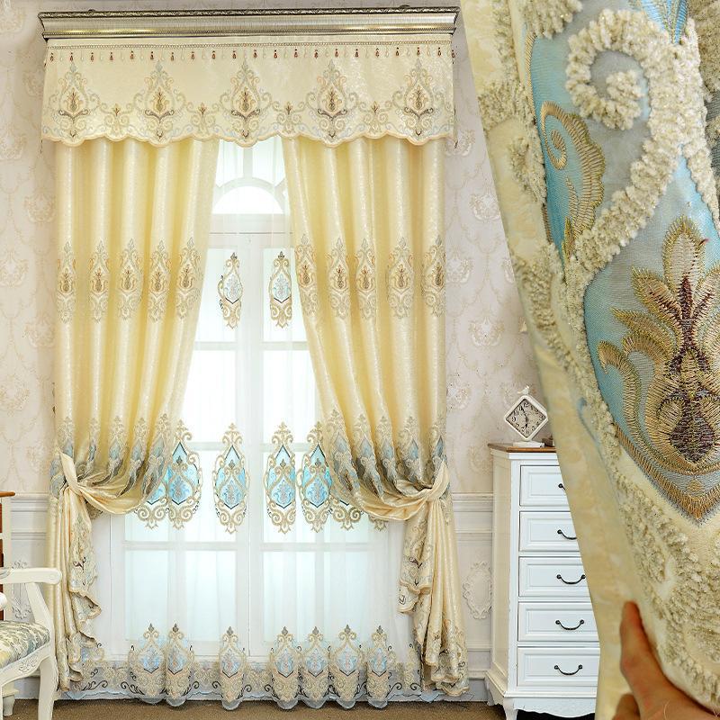 

European Style Curtains for Living Dining Room Bedroom Light Luxury Simple Beige Embroidered Curtains Tulle Valance1