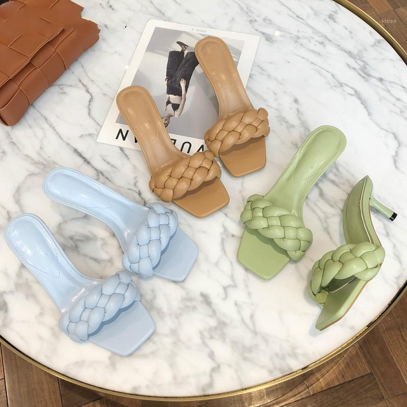 

2020 Summer Fashion Weave Women Slippers Solid Square toe Outdoor Beach Female Mules High heels Ladies Summer Slides Sandals1, Blue