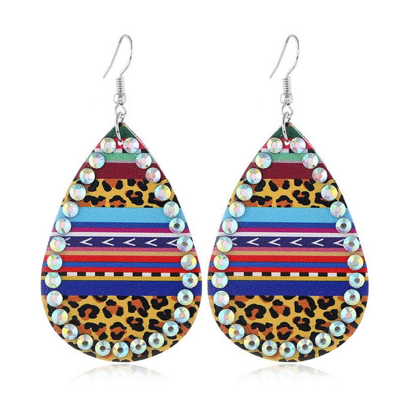 

ZWPON Pave AB Crystal Leopard Leather Earrings for Women 2021 New Arrival Rainbow Strip Leather Teardrop Earrings Jewelry Gifts