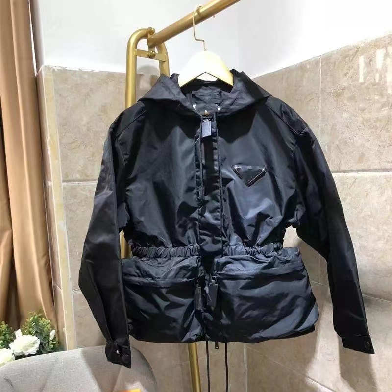 

Women's Jackets female designer jacket fashion P home autumn and winter luxury big pocket zipper hooded windbreaker EQL7, Black