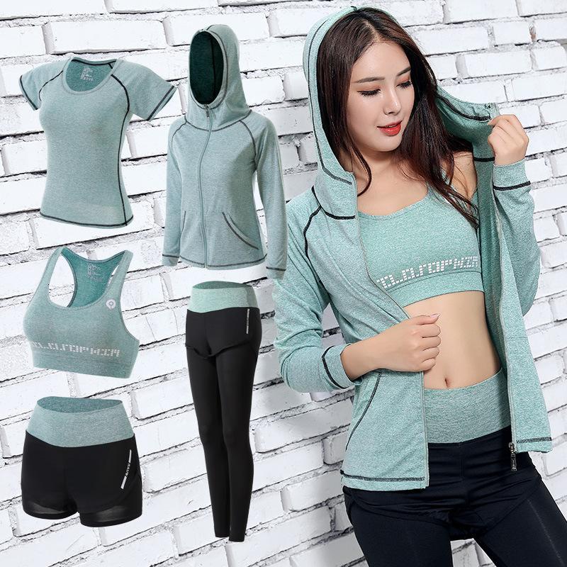 

5PC Yoga Set Fitness Clothing Women Running Sportswear Workout Suit Gym Leggings Bra T-shirt Long Sleeve Seamless Sports Suit1, Green-2pcs