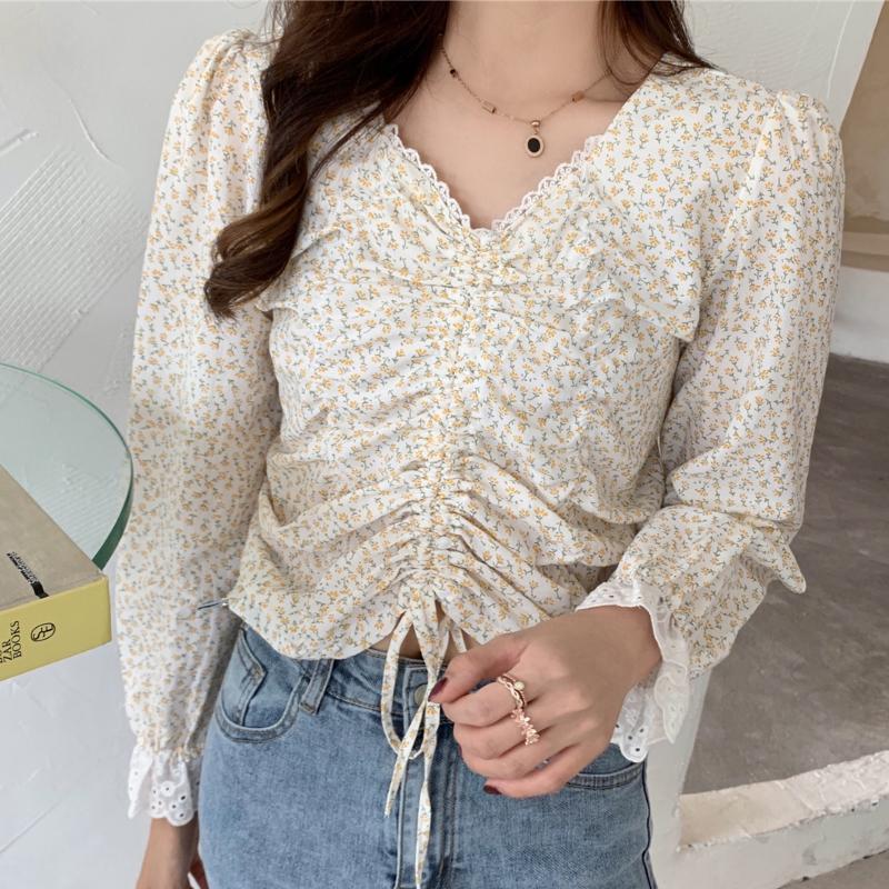 

2021 New Solid Women Chiffon Blouse Office Lady Apricot Floral Shirt Elegance V Neck Long Sleeve Korean Style Tops T09114Z, Purple