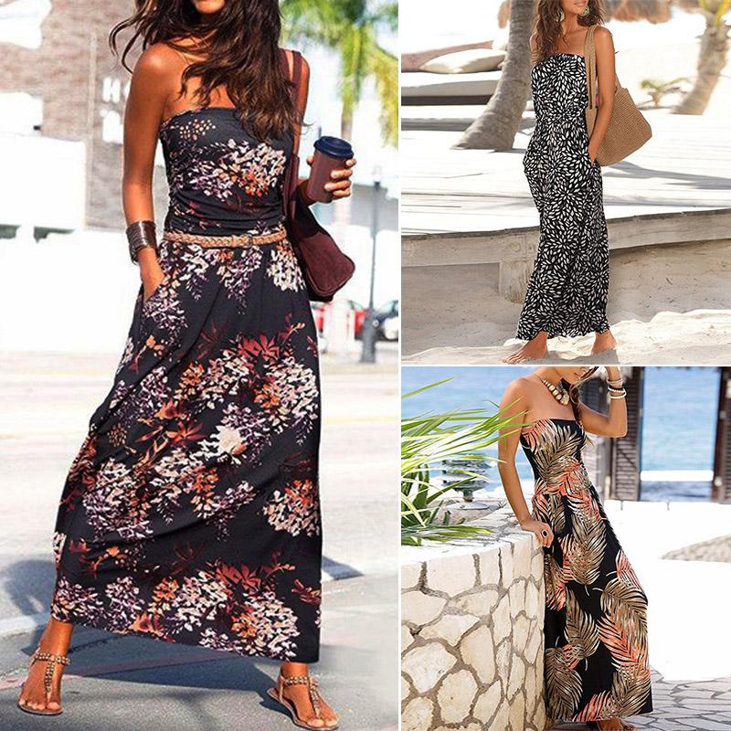 

Women' Fashion Print Tube Top Sleeveless Shoulder Long Dress, Flowers