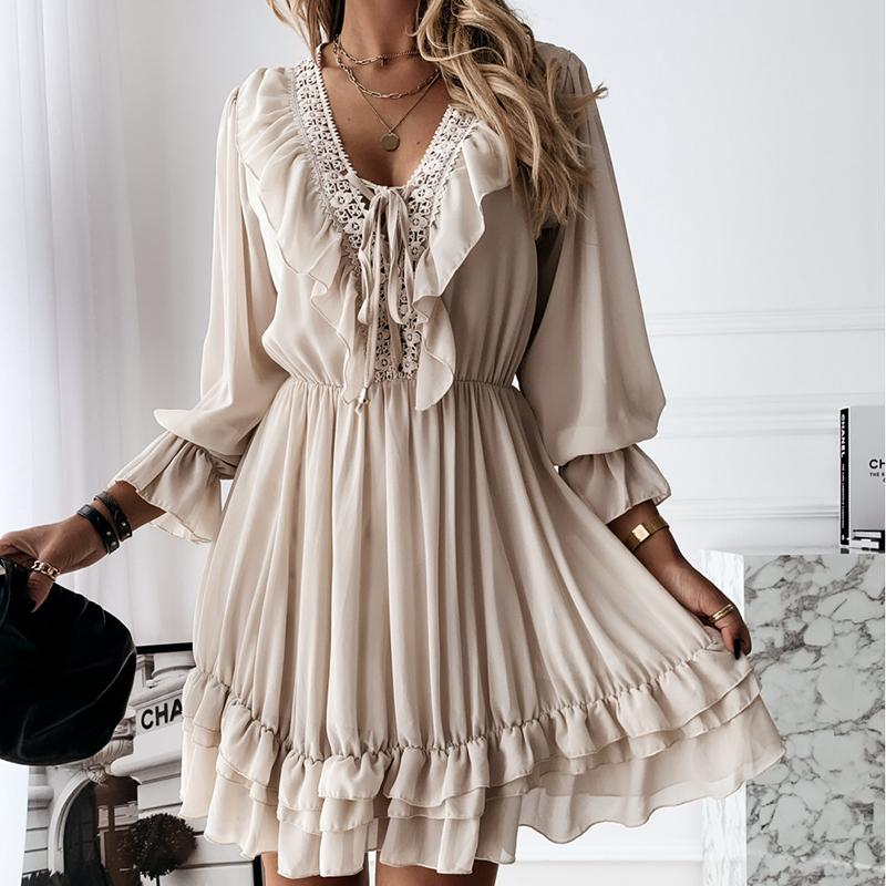 

Sexy Lace Women' Party Dress Christmas Black Elegant Long Sleeve Ruffle Chiffon Dress Sexy V Neck Ladies Clothes 2021, White