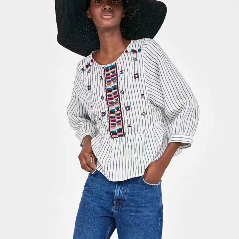 

New 2021 Women Striped Shirts Blouses Floral Printing Long Sleeved Vintage Turn Down Collar Lady Fashion Chic Tops 2m6x, Picture