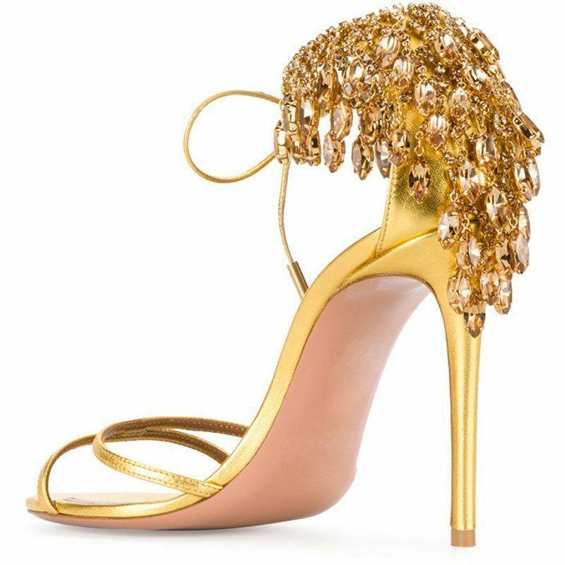 

Summer Bling Rhinestone Back Cover Heel Wedding Sandal Women Diamond Crystal Pumps Gladiator Strappy Lace Up High Heels Shoes, Gold