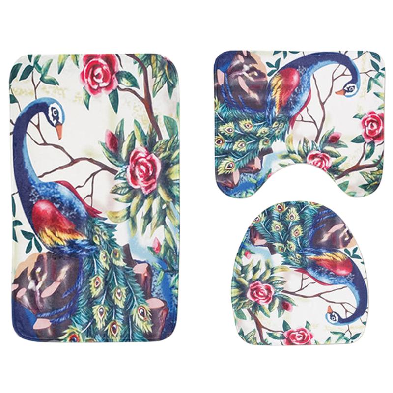 

3 Pieces Bath Rug Set Peacock Print Toilet Floor Contour Mat Toilet Lid Top Covers Non-Slip Bathroom Floor Mat