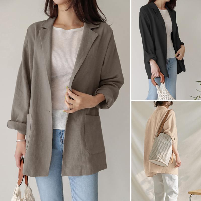 

Autumn Womens Lapel Korea Blazer Long Sleeve Work Suit 2021 Ladies Cotton Coat ZANZEA Solid Color Pocket Short Suit Windbreaker, Beige