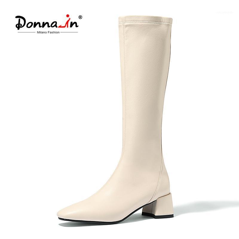 

Donna-in Zipper Mid Calf Boots New Square Toe Thick Heel Women's Autumn and Winter 2020 Thick Heel Boots Eastic1, Brown pigskin