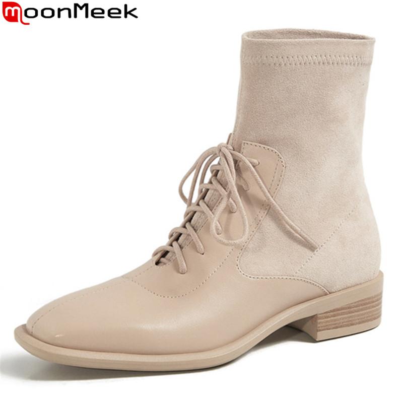 

MoonMeek 2021 Genuine leather boots low heel square toe lace up casual women boots autumn winter ankle black apricot