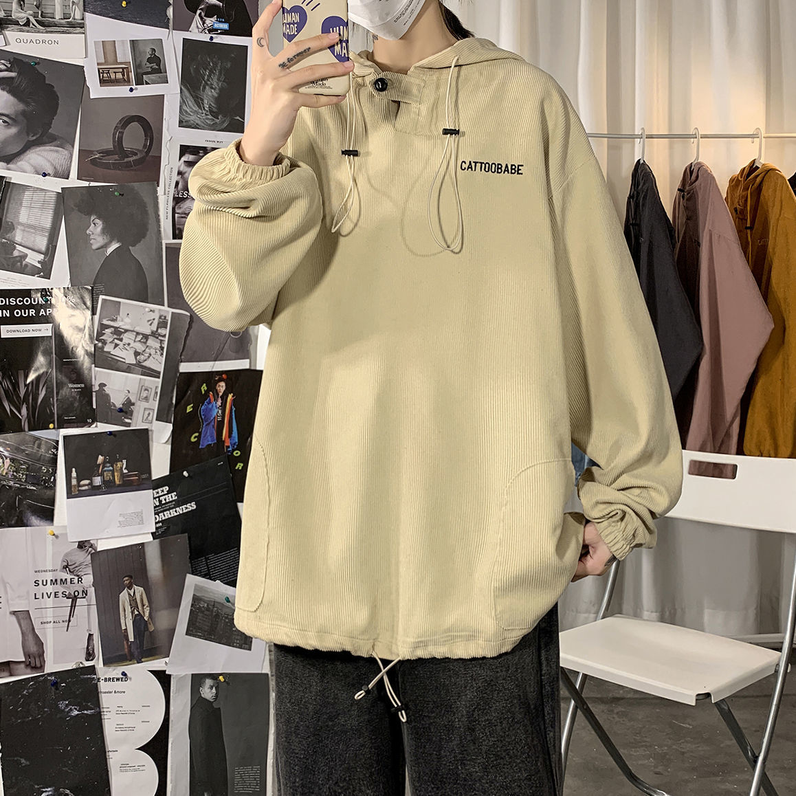 

Spring 2021 Male and Winter Sweet New Hoodie Sweater Men's Clothes B79O, Apricot