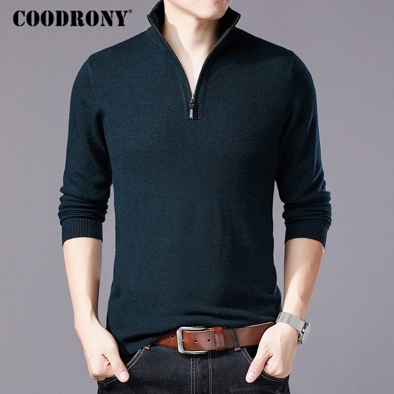 

COODRONY Merino Wool Sweater Men Casual Zipper Turtleneck Pullover Men Autumn Winter Thick Warm Mens Sweaters Pull Homme W001 201117, Coffee
