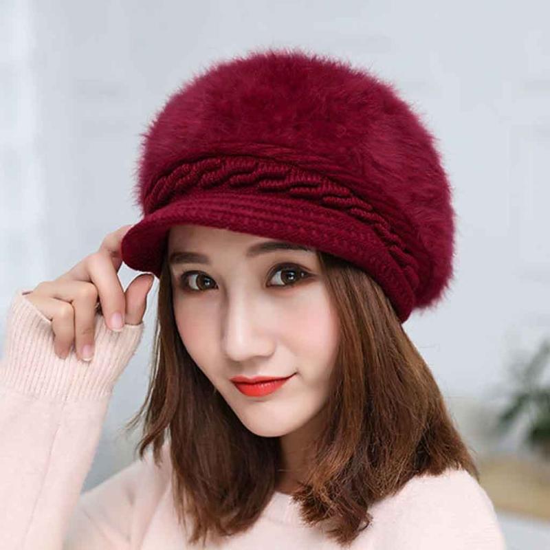 

Berets 2021 Fashion Winter Women Fur Beret Hat Elegant Ladies Solid Flat Cap Thicken Warm Earmuffs Knitted Wool Beanie, We