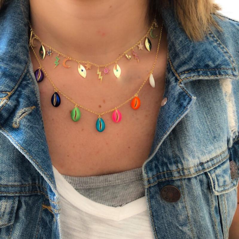 

Summer hot selling fashion trendy jewelry Neon Enamel colorful sea shell charm necklace gold1