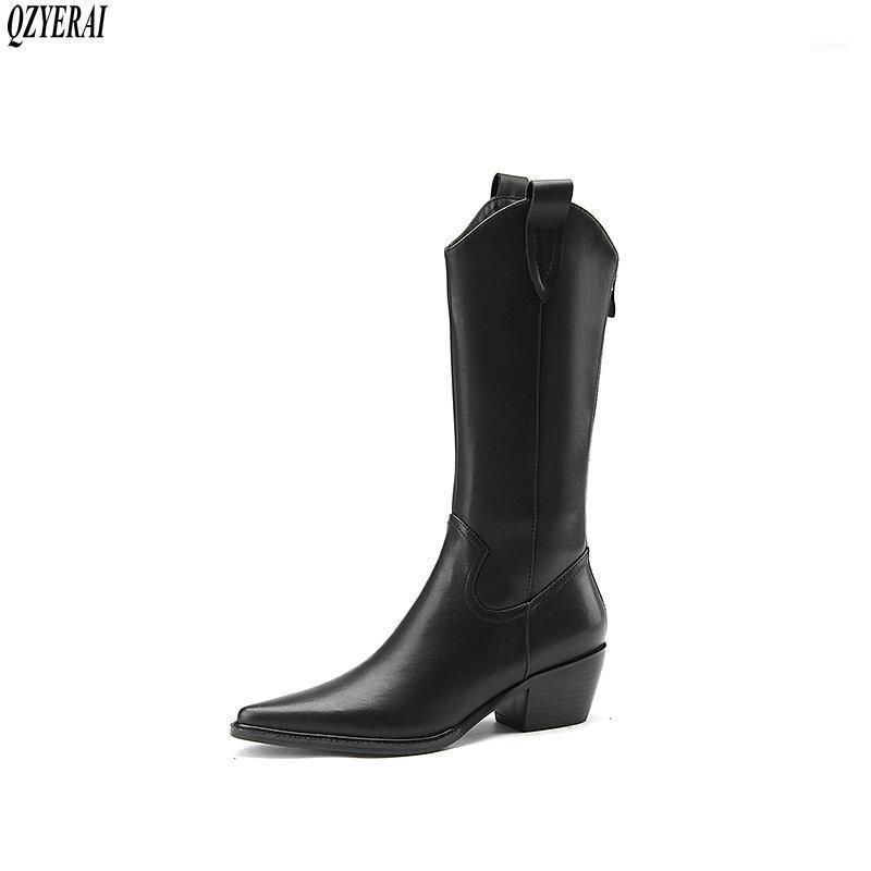 

Women boots calf boots Genuine leather Motorcycle black brown pointed 2020 new autumn winter cowhide Women shoes Size34-401