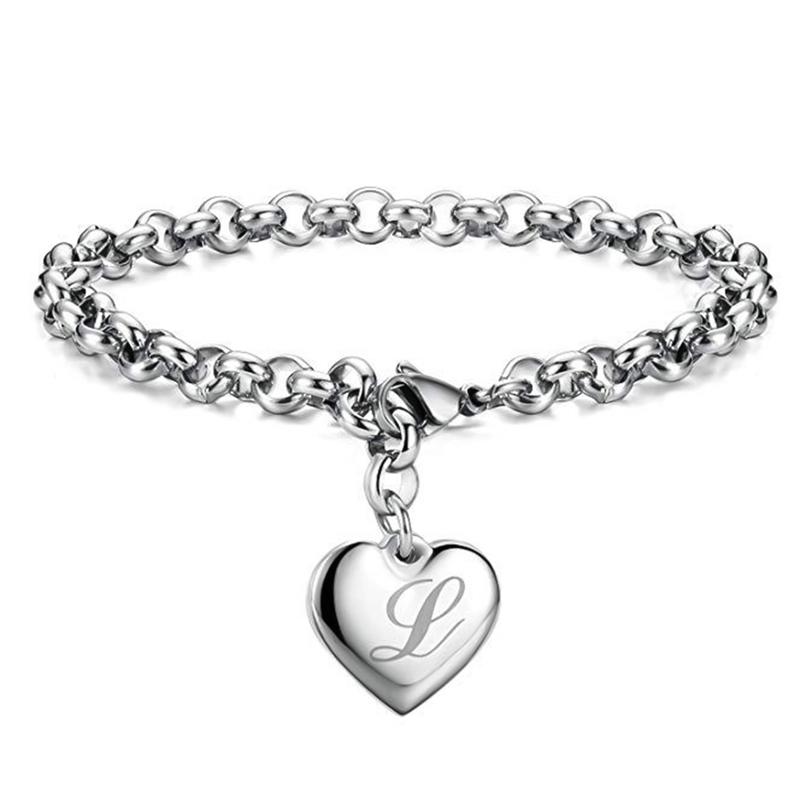

Initial Charm Bracelets Stainless Steel Heart 26 Letters Alphabet Link Bracelet Jewelry for Women