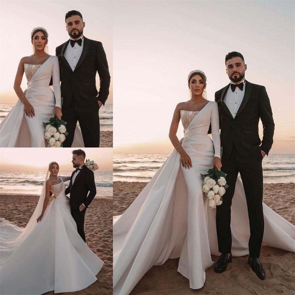 Arabic One Shoulder Mermaid Wedding Dresses with Detachable Train Sequins Satin Bridal Gowns 2021 Designer Wedding Dress