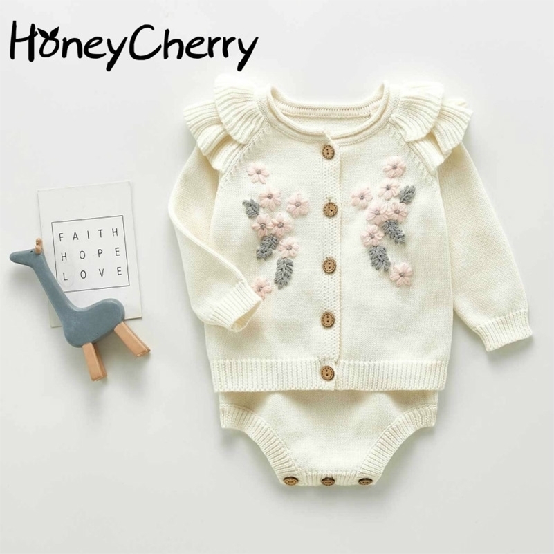 

Baby girls sweaters Flower Coat Strap Romper Crawling Clothes Kids sweater cardigan 201109, Red