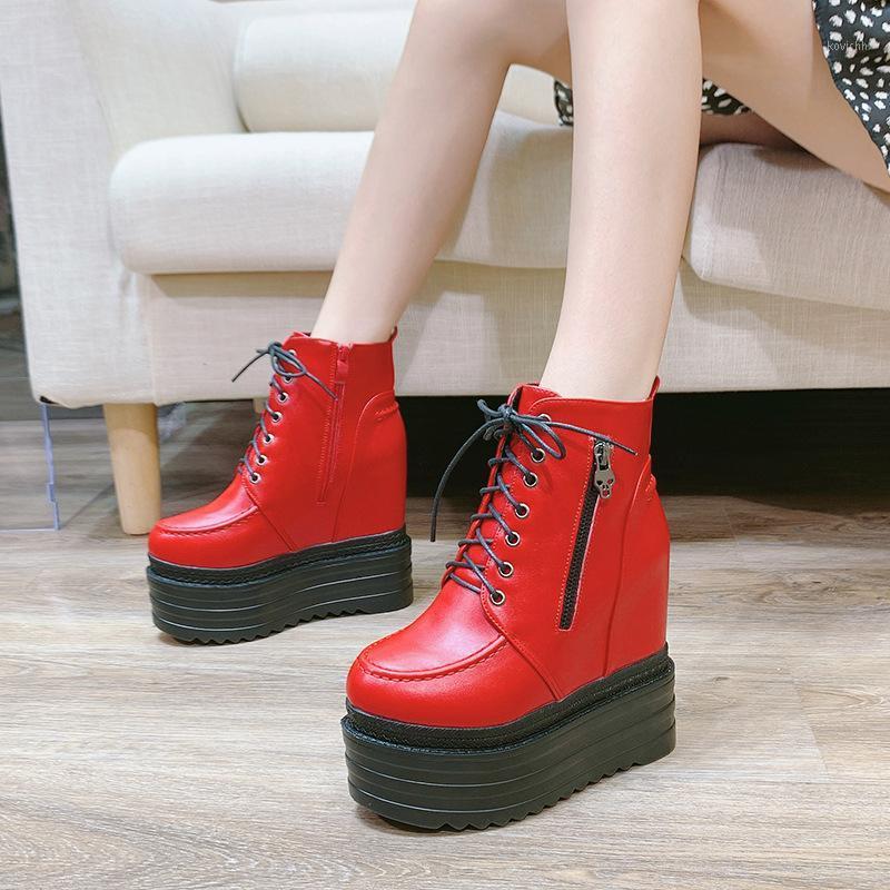 

2020 winter new 13CM thick-soled increased waterproof platform black red side zipper plus velvet female short boots boots1