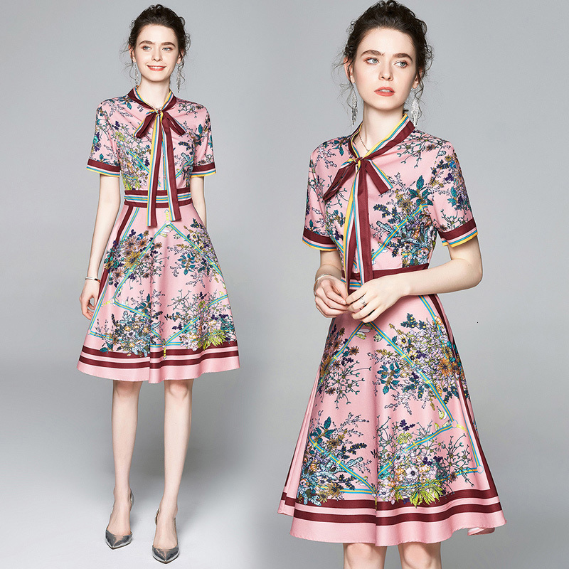

2021 New Fashion Striped Bow Neck Flower Print Women Summer Female Short Sleeve Vintage Ladies Midi Vestidos Tbkq, As picture
