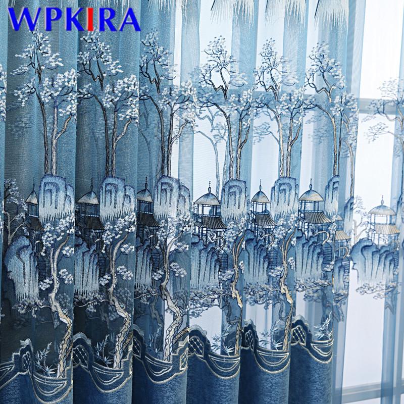 

Traditional Chinese Blue Curtains Cloth For Living Room Hollow Sheer Curtain Luxurious Window Blinds Drape High End X-AD591, Blue tulle