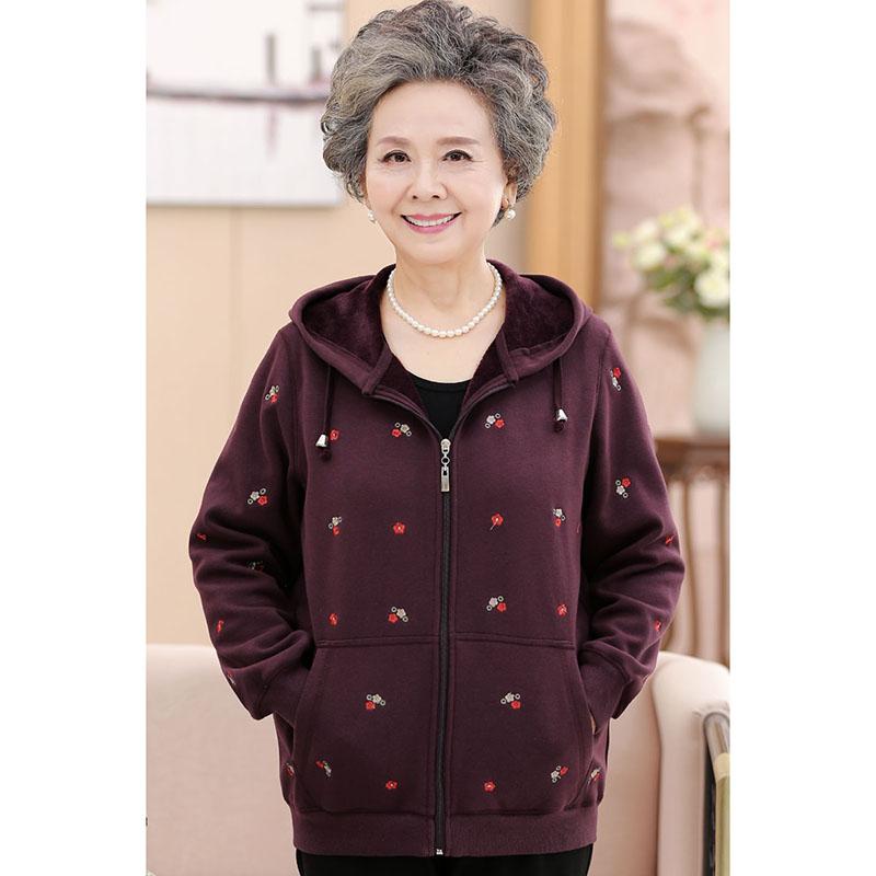 

Middle-aged and Elderly Women Jacket 2020 New Spring Autumn Print Plus Velvet Coat Outwear Mother Tops Hooded Sportswear XL 4XL, Purple