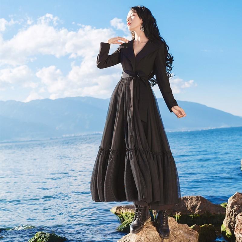 

Designer New Autumn Winter Over The Knee Long Coats Fashion Elegant Belt Mesh Patchwork Long Sleeve Lapel Female Trench Coats