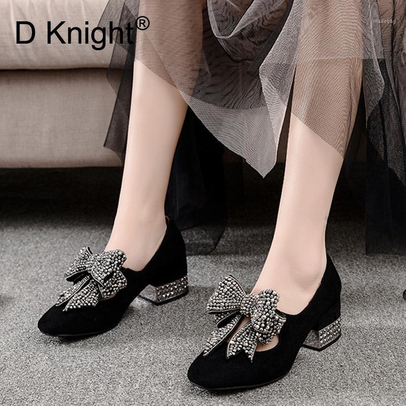 

2020 Spring Bow Women High Heels Sexy Party Crystal Thick Heel Pumps Women Shoes Shallow Mouth Office Lady Pumps Big Size 34-401, Z73