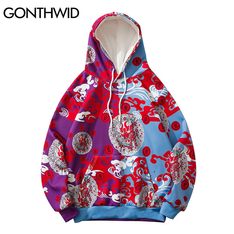 

Color Block Patchwork Two Tone Thin Sweatshirts Streetwear Hip Hop Harajuku Japanese Style Devil Print Hooded Hoodies, Purple