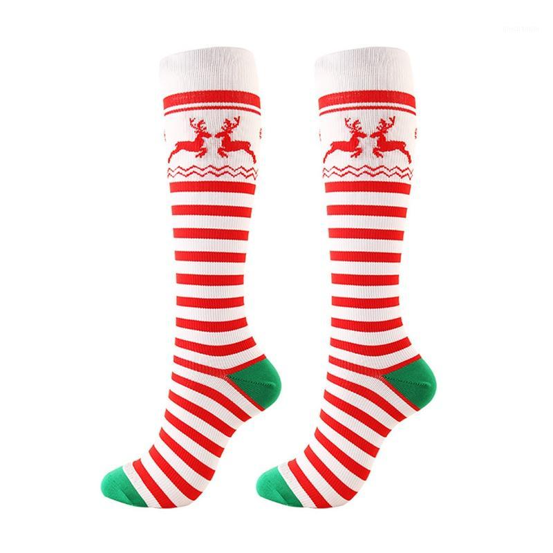 

1 pair Compression Socks Knee High/Long Christmas Cap Tree Deer Striped Printed Polyester Nylon woman socks1