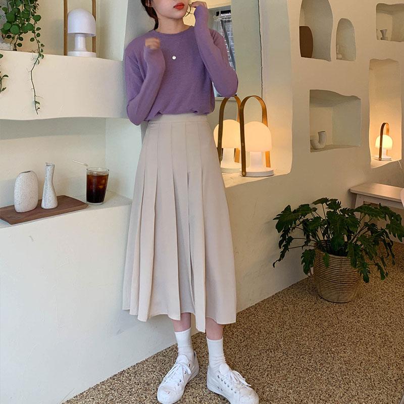

3 colors SML2020 Autumn Female long Skirts Women High Waist long pleated Skirt solid color a line vintage skirt womens (X263, Beige
