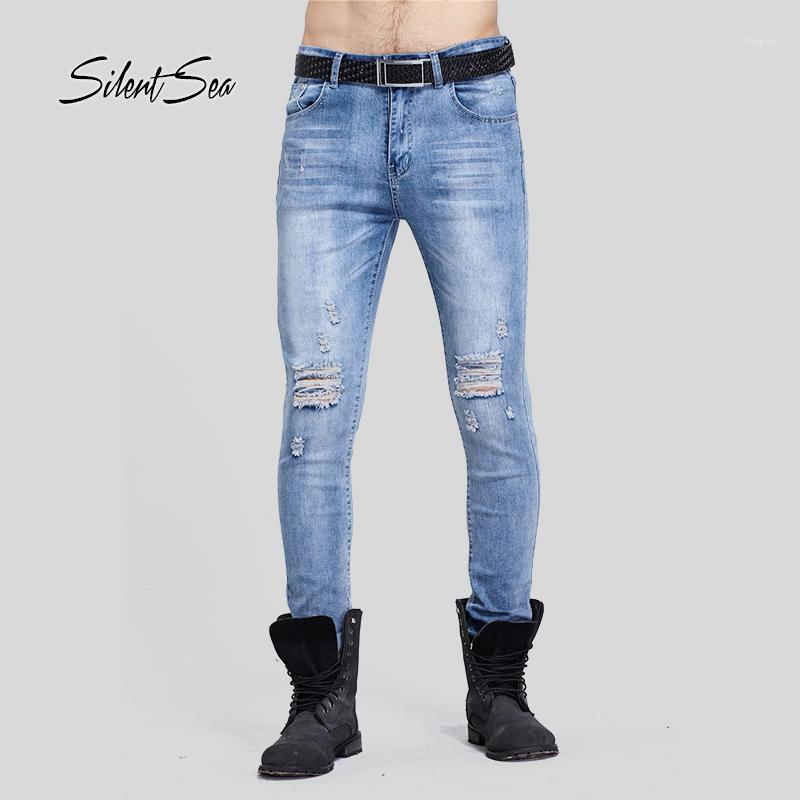 

Silentsea Blue And Black Color Men Jeans British Trousers For Male Ankle-Length Ripped Jeans Men High Quality Hole Mens Pants1
