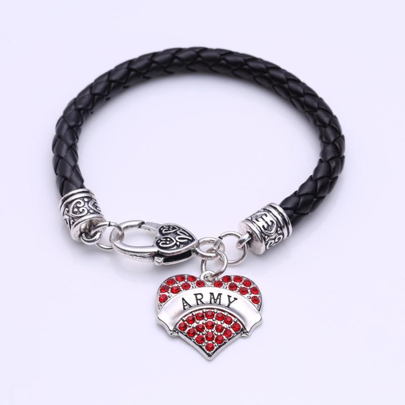 

Hot Selling rhodium plated with sparkling crystals ARMY heart pendant bracelet rope chain Drop Shipping