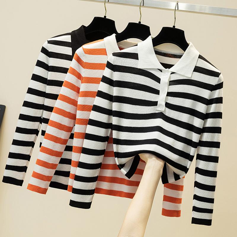 

Women's Sweaters Turn-down Collar Women Knitted Pullovers Sweater Fashion Autumn Winter Soft Jumper Korean Stripe Slim Long Sleeve Girls Top, White;black