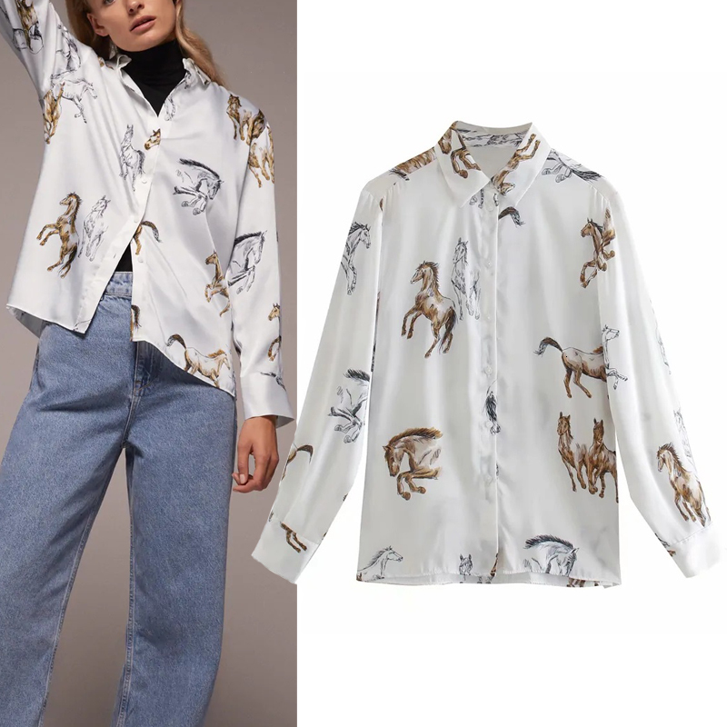

2021 New Top Women White Button Up Shirt Woman Fashion Animal Motif Printed Long Sleeve Lapel Collar Loose Casual Ladies Blouses Dhsx