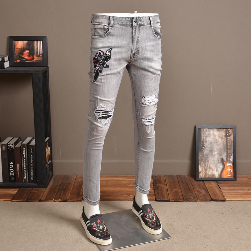 

Fashion Grey Jeans Men Ripped Hole Bird Embroidery Elastic Denim Slim Fit Ankle-Length Pencil Pants, Gray