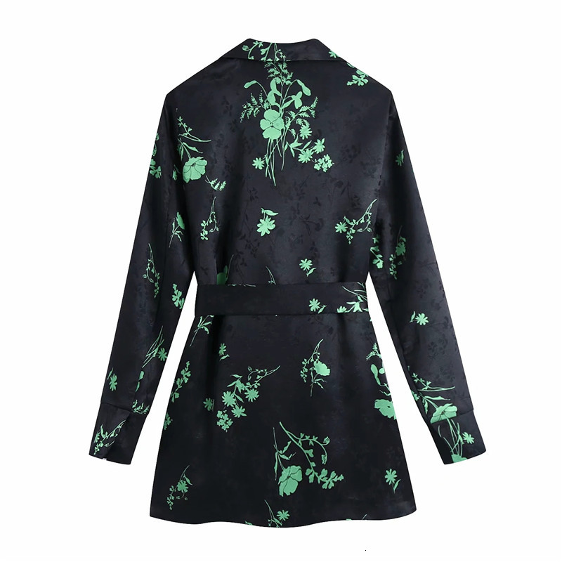 

New Vintage Black Floral Print Women 2021 Belt Wrap Elegant Long Sleeve Top Woman Jacquard Button Up Office Blouse Gaj2