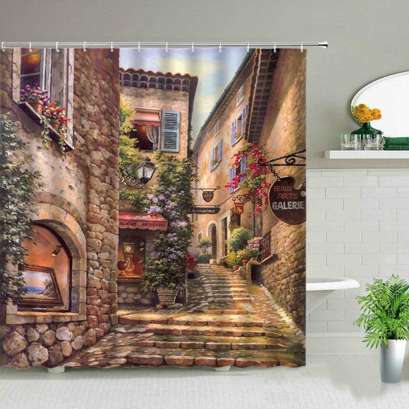

3d Nordic Italy Street Alley Shower Curtain Garden Flowers Scenery Retro Design Cloth Curtains Waterproof Home Bathroom Decor