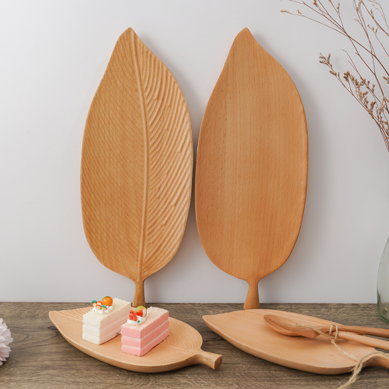 

2021 New Shape Beech Pan Fruit Dishes Saucer Tea Tray Dessert Dinner Bread Leaf Pattern Wood Plate Storage Trays Hhku