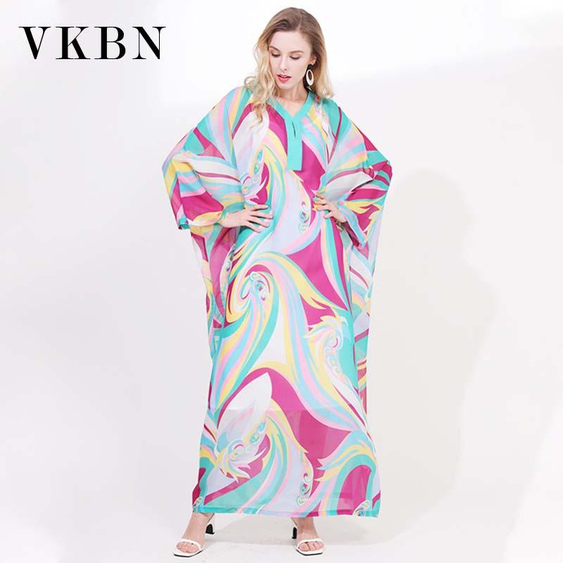 

VKBN Spring and Summer Dresses Woman Party Night Seaside Resort Beach Print Flare Sleeve V-Neck Fashion Elegant Dress 4233, Beige