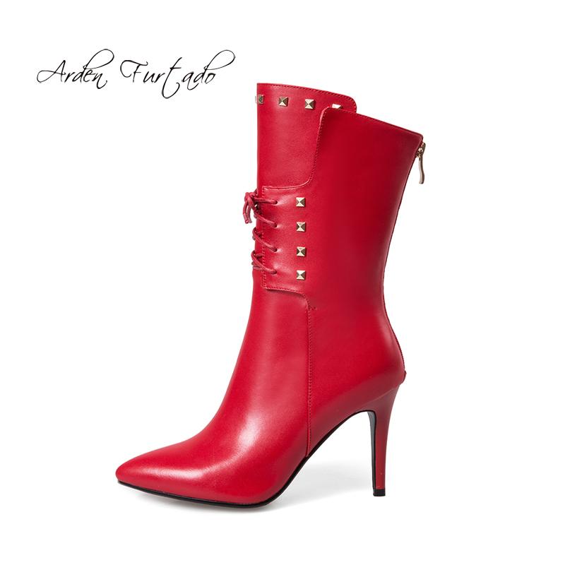 

Arden Furtado 2020 autumn winter women white boots mid calf red purple fashion rivets zipper matin boots lace up high heels 9cm, Black