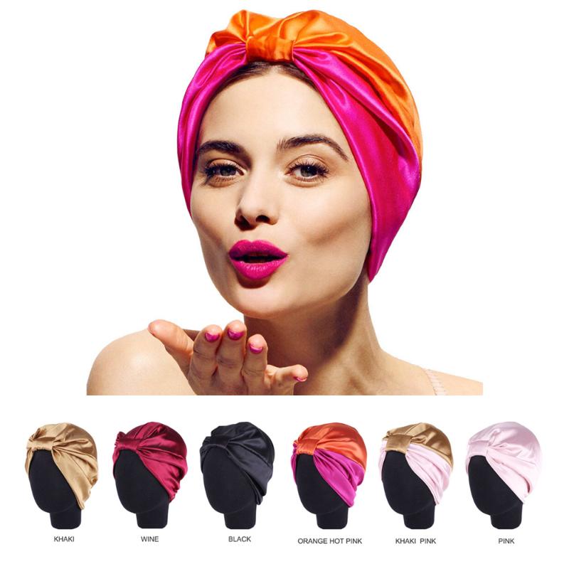 

6 Colors Bow Double Silk Elastic Bathing Sleep Satin Salon Bonnet For Night Hair Hat Natural Curly Hair For Women Head Wrap Cap, Black