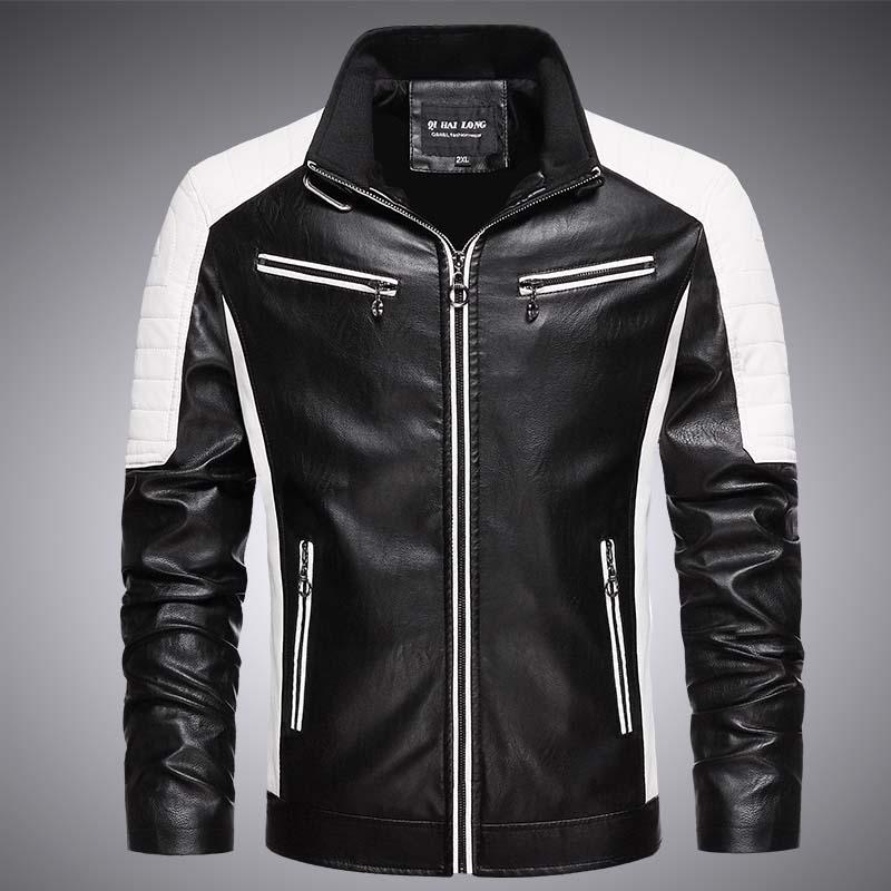 

Men's Fur & Faux Men Leather Jacket Fashion Stand Collar Slim PU Solid Color Anti-wind Motorcycle Zippers, Black