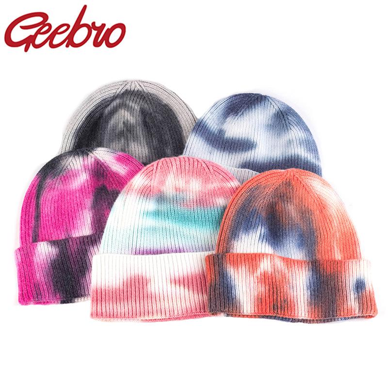

Geebro Fashion Beanie For Autumn Winter Rainbow Color Tie-Dye Ribbed Knitted Hat Soft Cuffed Melon Cap Men Women Elastic Beanie, Black