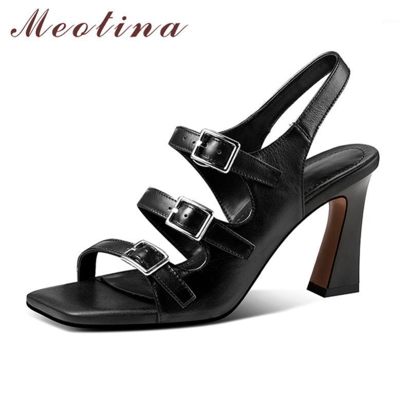 

Meotina Women Shoes Buckle Natural Genuine Leather Sandals Block High Heel Female Shoes Square Toe Party Sandals Ladies White1, White