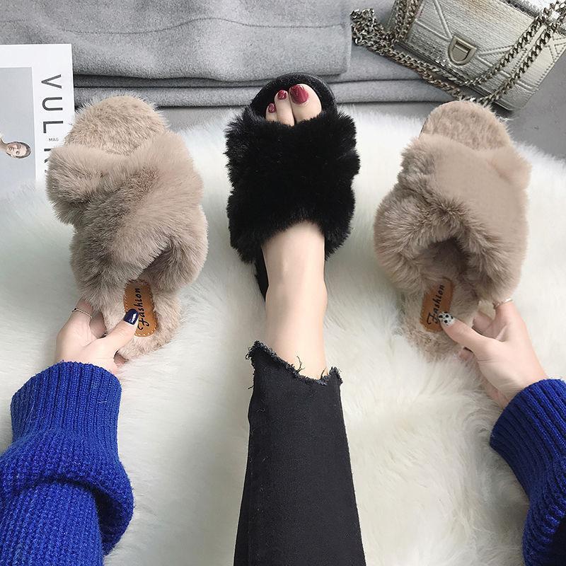 

LLUUMIU winter slippers women Fluffy Slippers Shoes Cross Belt Fur Home Slides Sweet Cute Home Indoor Ladies Furry shoe1, Black