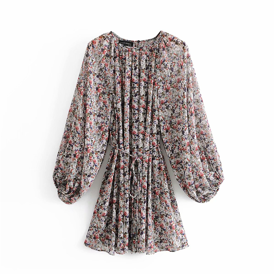 

2021 New Vintage Women Floral Print Pleated Es Autumn Fashion Ladies Sleeve Streetwear Female Chic Belt Loose Blouse Cjqd, Gray